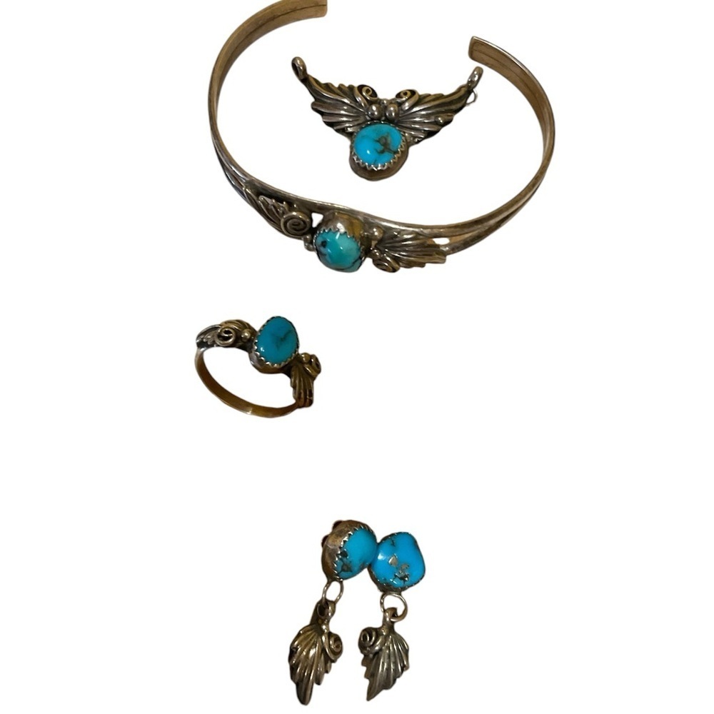 Rare. Signed Fred James Native American Navajo Sterling Silver. Turquoise Set.